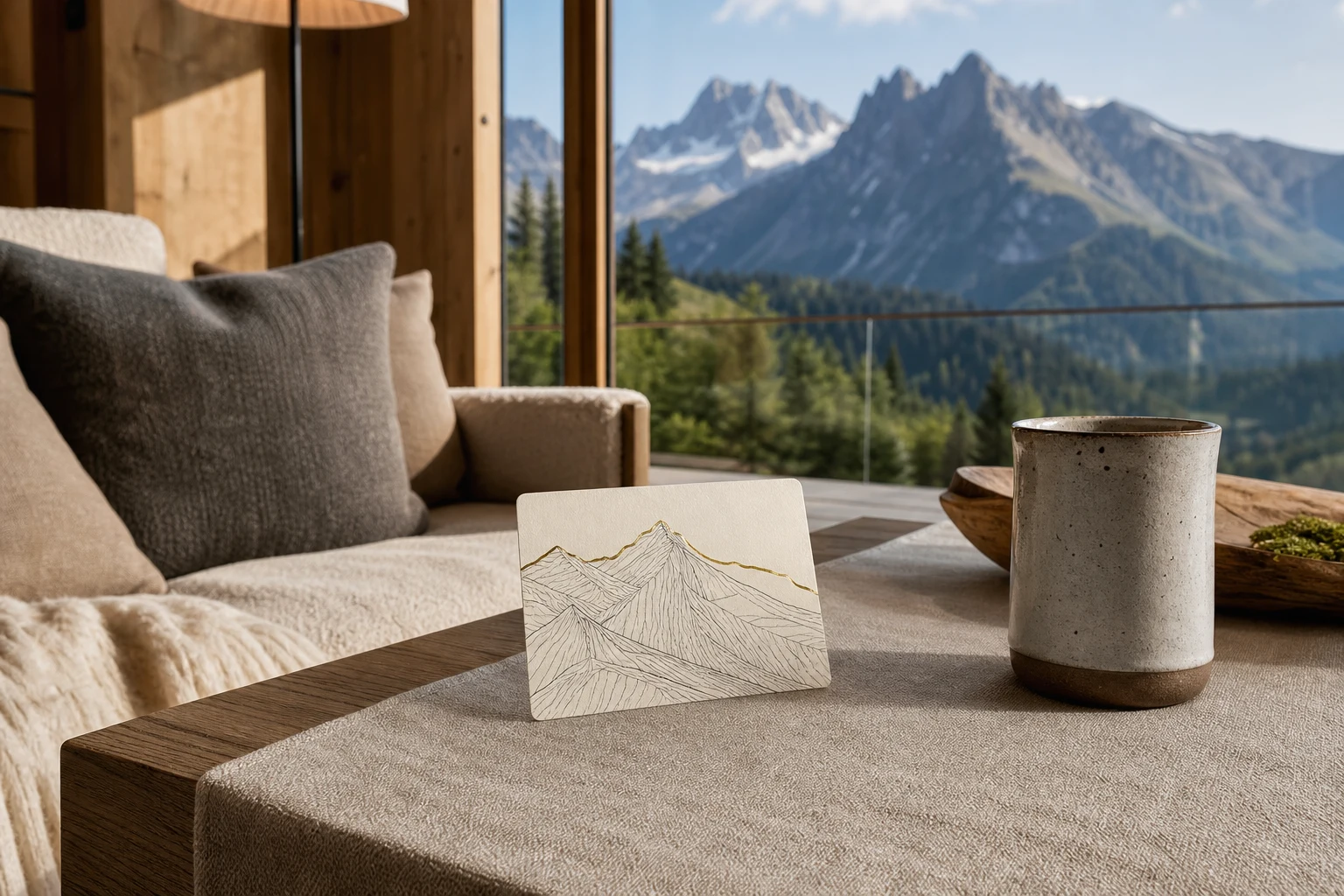 Paper hotel key card with mountain line sketch in an alpine lodge