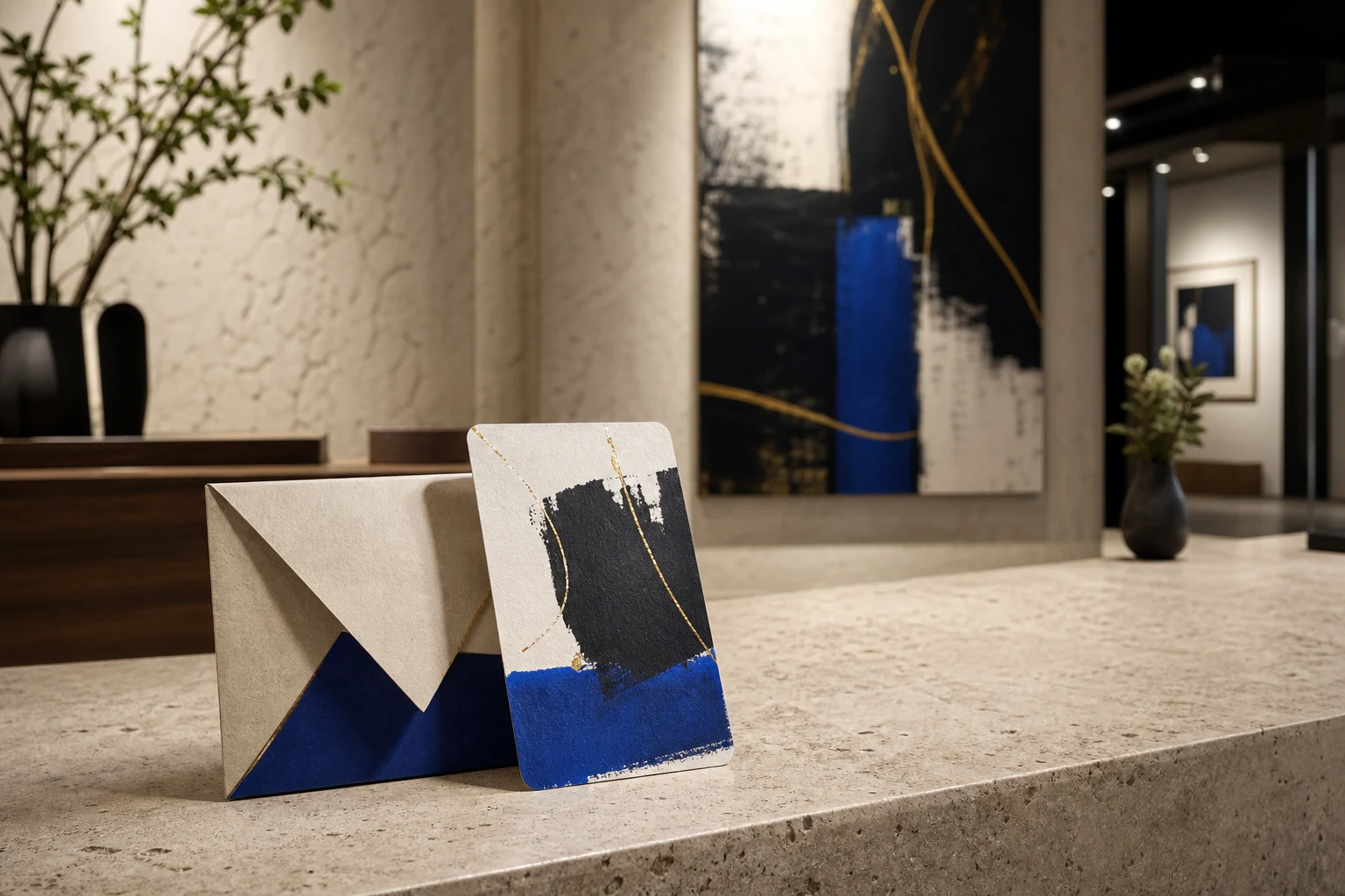 Graphic cobalt and black paper hotel key card in an art hotel lobby