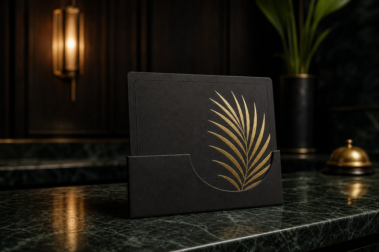 Matte black paper hotel key card with gold foil at a dark hotel concierge desk
