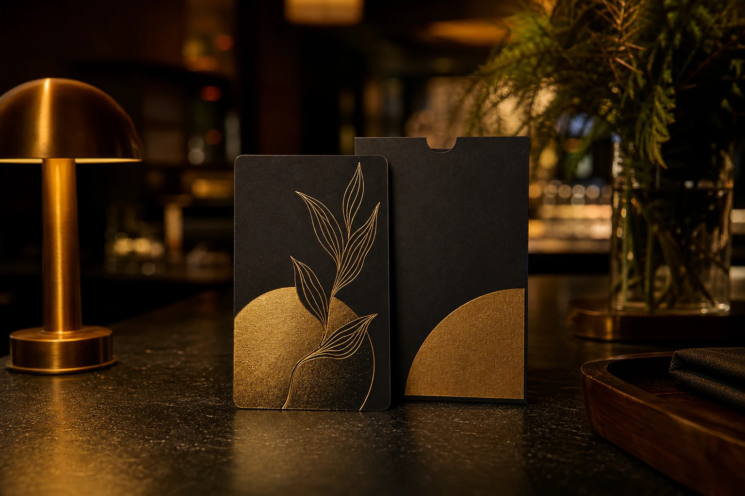 Black paper hotel key card with gold foil botanical print at a hotel bar