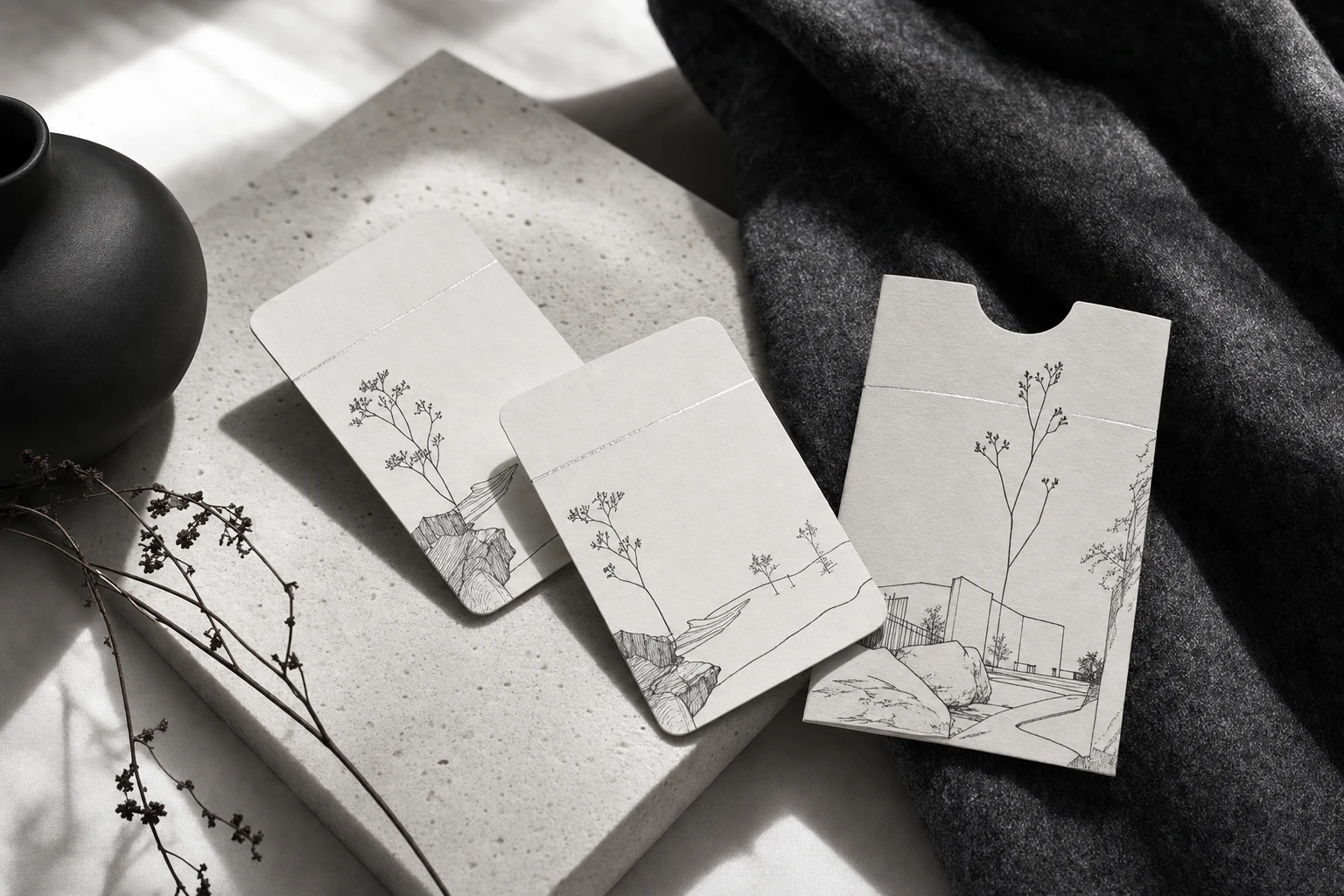 Minimal black and white sketched paper hotel key card collection