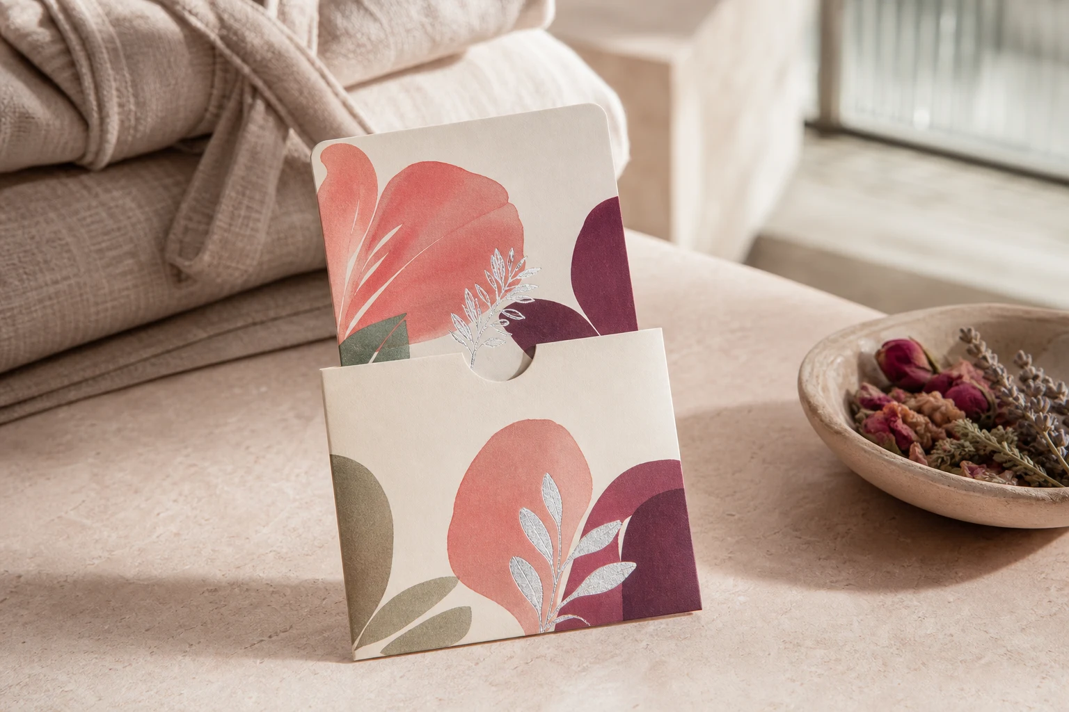 Coral and rose full-colour paper hotel key card in a hotel spa