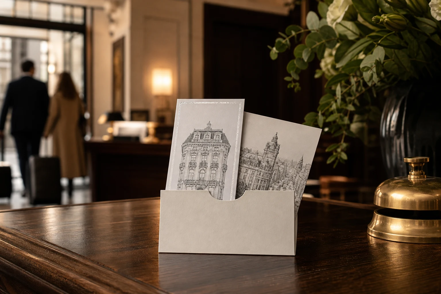 Paper hotel key card collection with black and white city sketches at a boutique hotel reception