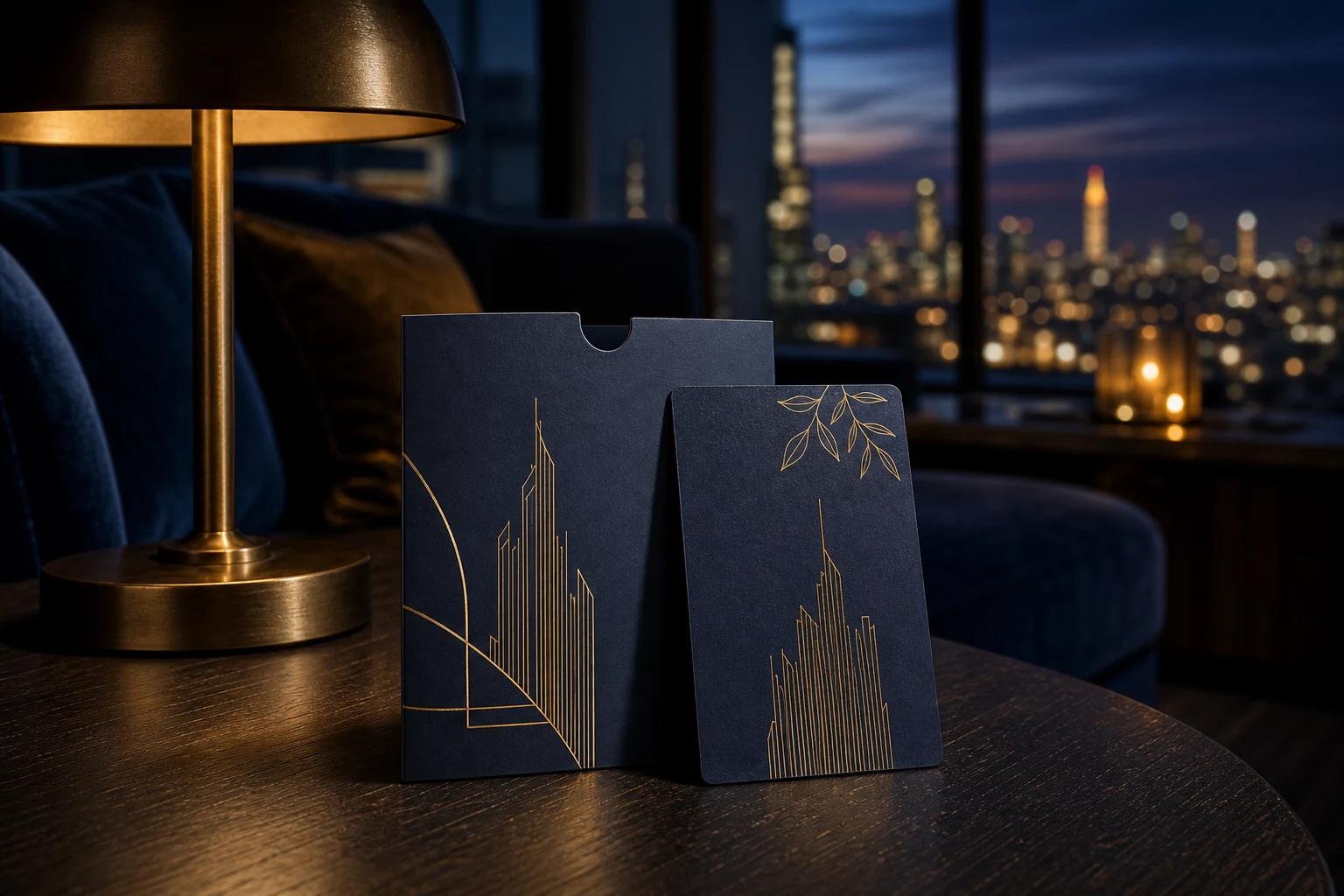 Midnight blue paper hotel key card with gold foil in a city penthouse suite