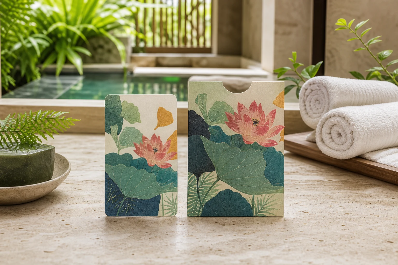 Colourful paper hotel key card with lotus artwork in a hotel spa