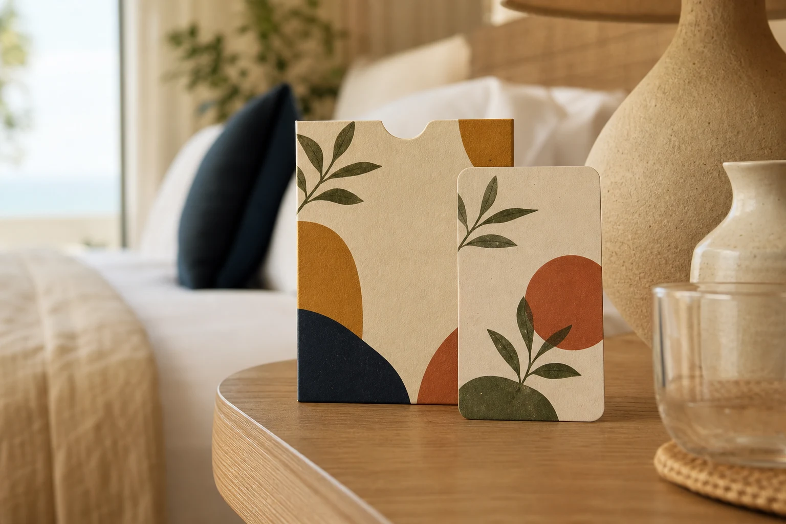 Full-colour paper hotel key card and sleeve on a luxury hotel bedside table