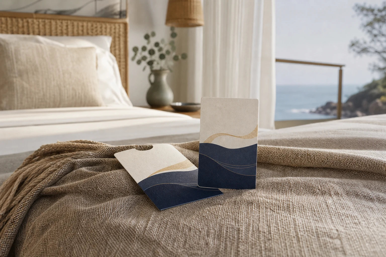 Paper hotel key card with blue and gold print in a coastal resort room