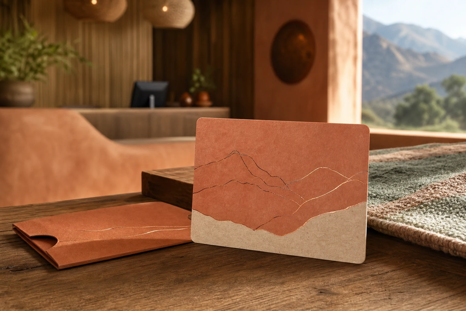 Terracotta paper hotel key card with copper foil mountain sketch at an eco lodge