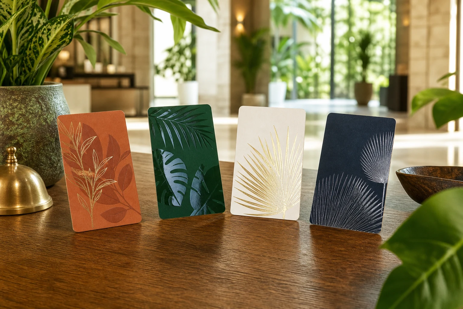 Four custom printed paper hotel key card designs in a luxury hotel lobby