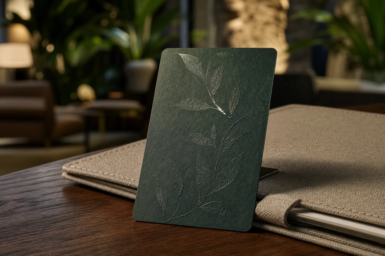 Forest green paper hotel key card with gloss botanical print in a hotel lounge