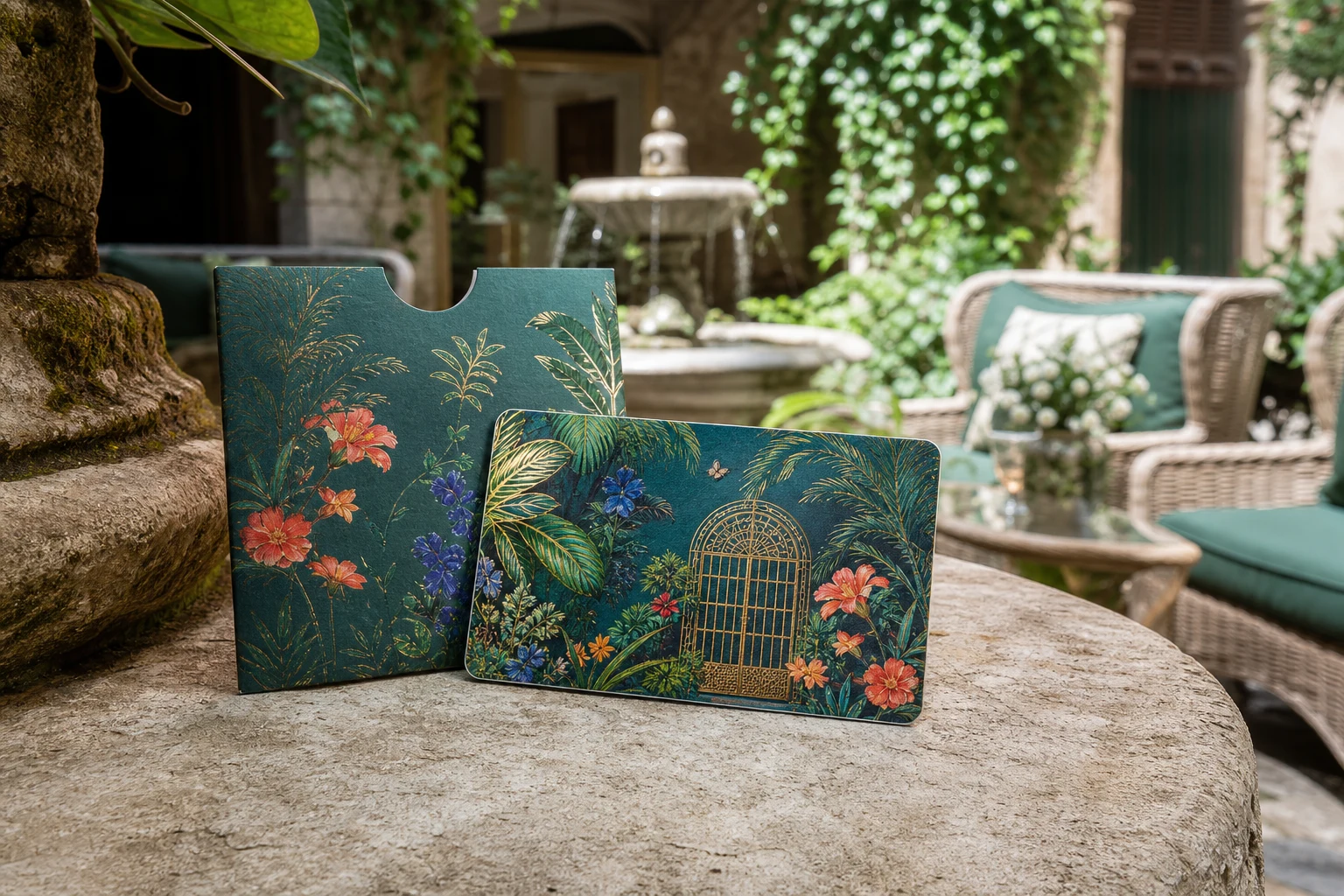 Jewel-tone printed paper hotel key card in a lush hotel garden courtyard