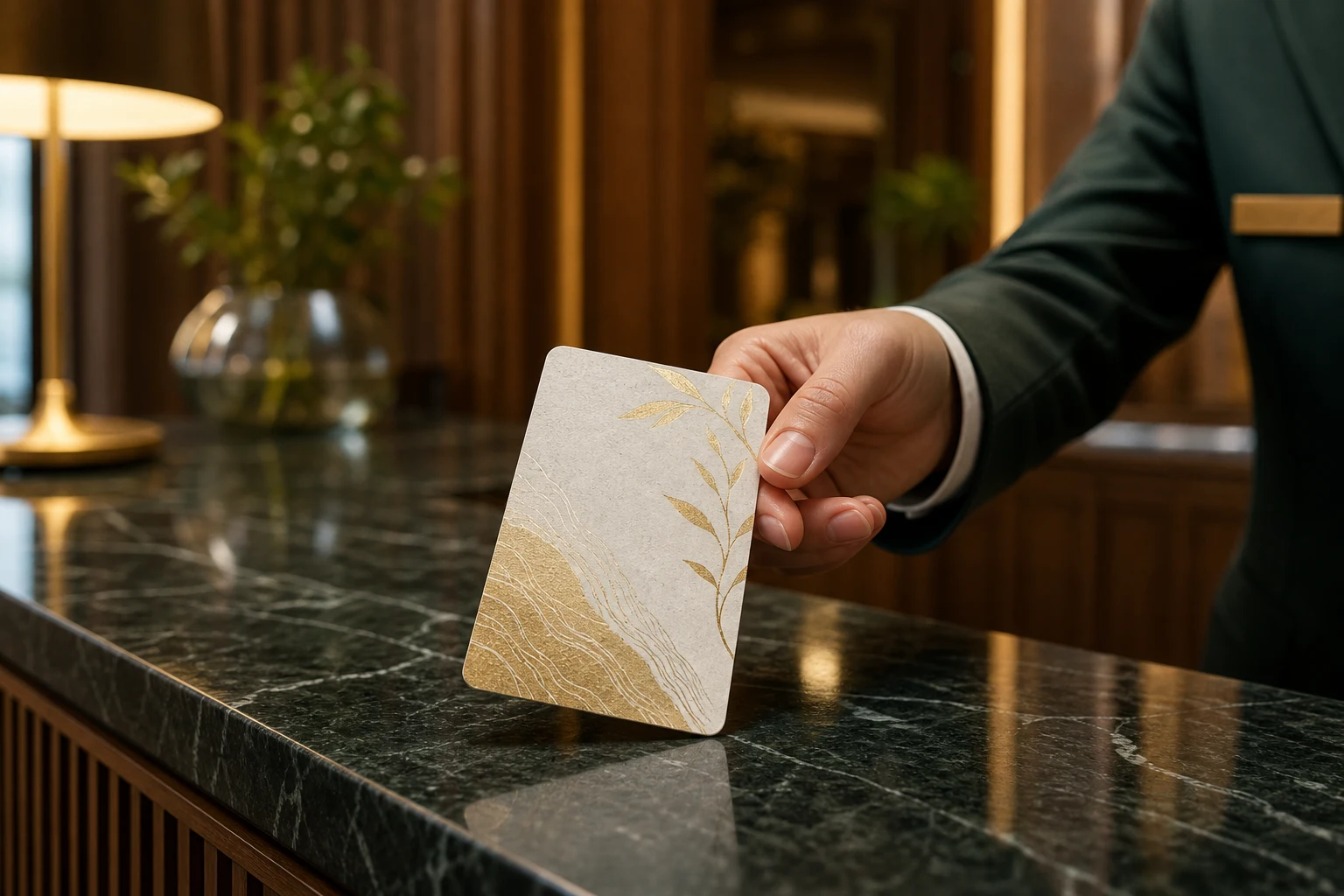 Ivory paper hotel key card with gold foil botanical artwork at a luxury hotel reception