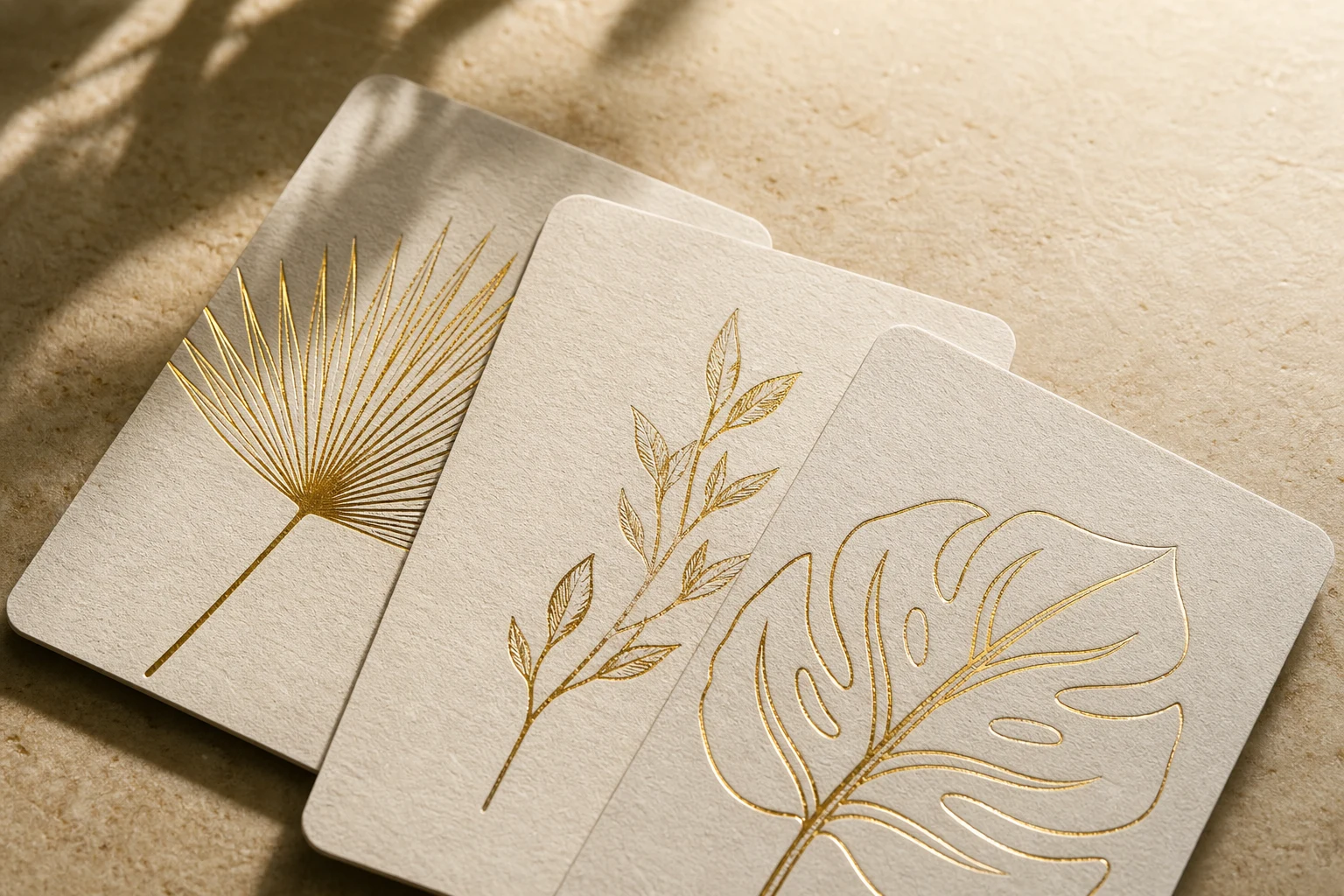 Macro view of gold foil botanical artwork on textured paper hotel key cards