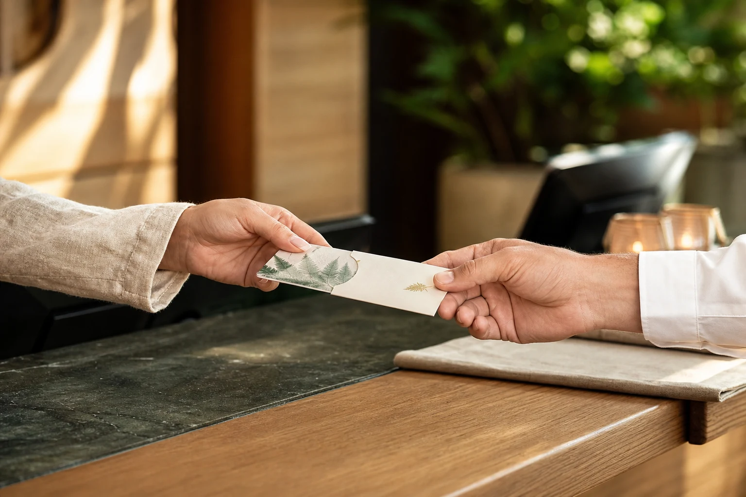 A hotel guest receiving a paper hotel key card in a natural paper sleeve