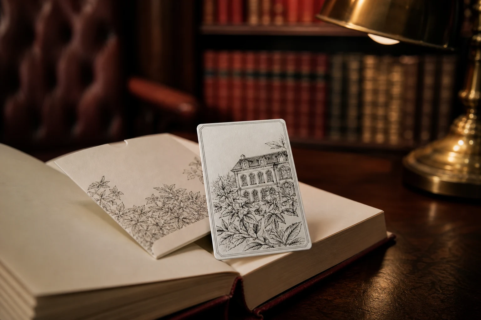 Black and white sketched paper hotel key card in a boutique hotel library