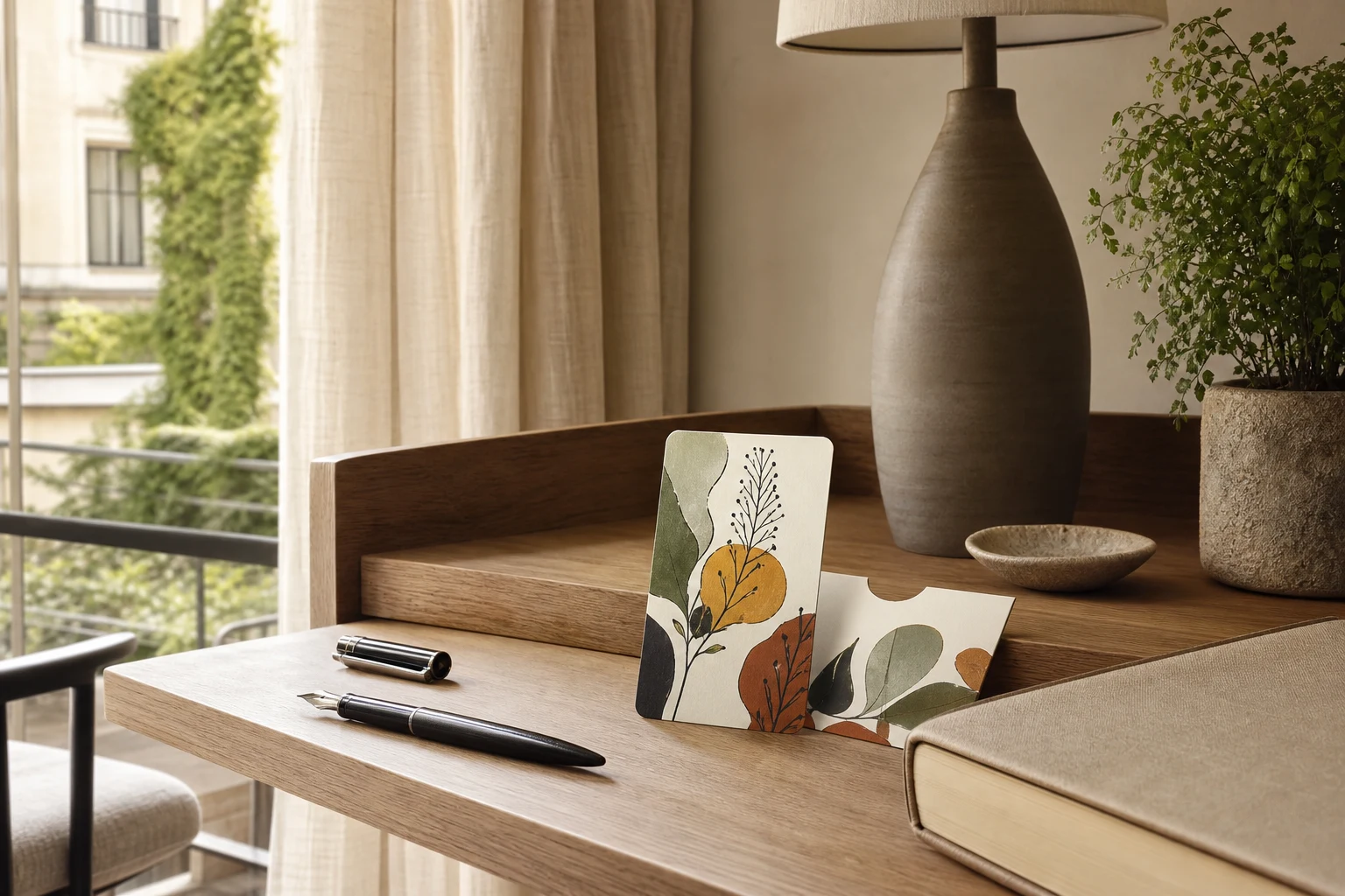 Custom printed paper hotel key card at a natural hotel suite work desk