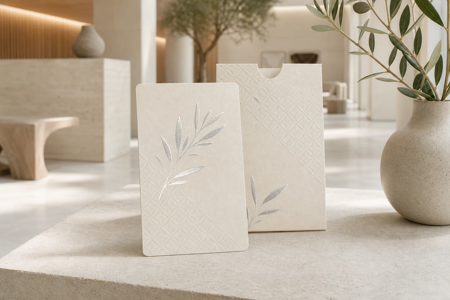 Ivory paper hotel key card with silver foil and blind embossing in a minimalist hotel lobby