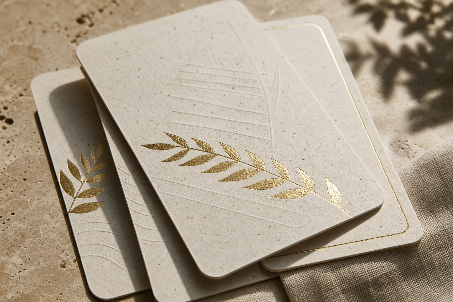 Macro view of recycled fibre paper hotel key cards with gold foil and blind embossing