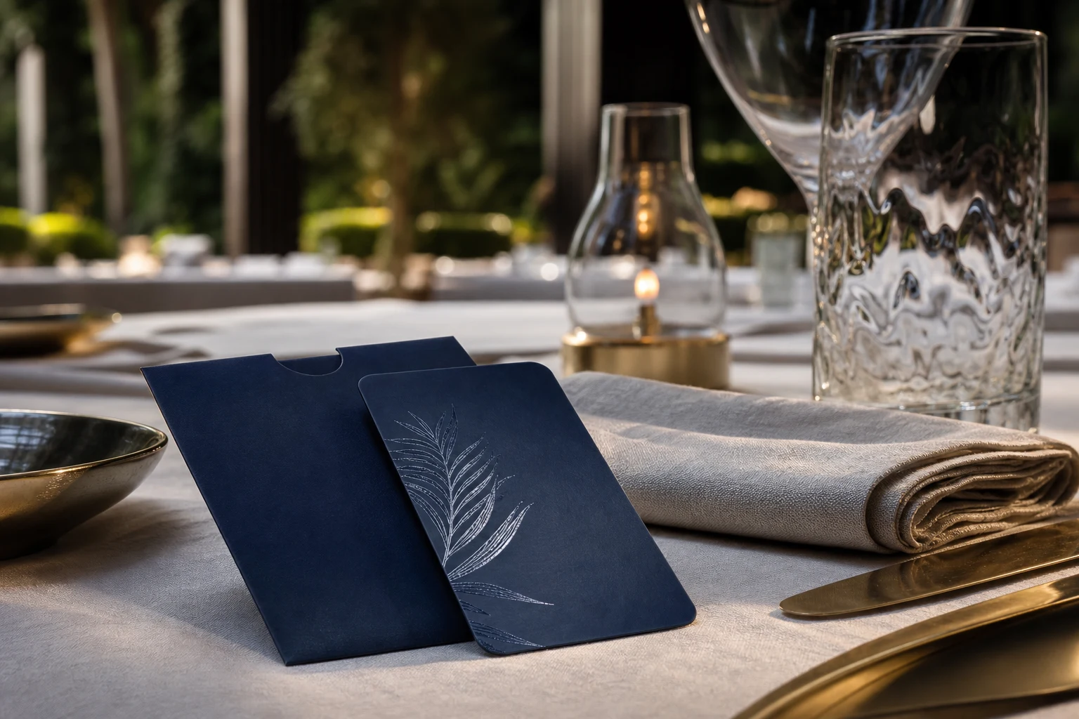 Midnight blue paper hotel key card with silver print on a hotel restaurant table