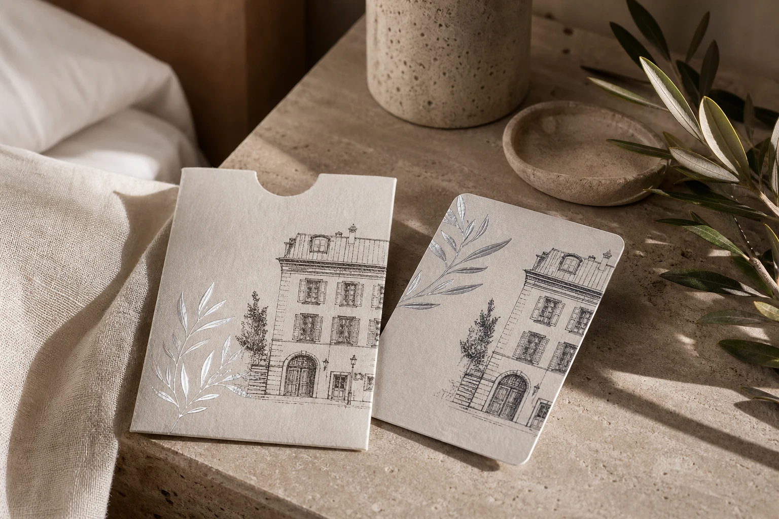 Paper hotel key card and sleeve with silver foil architectural sketch artwork in a hotel suite