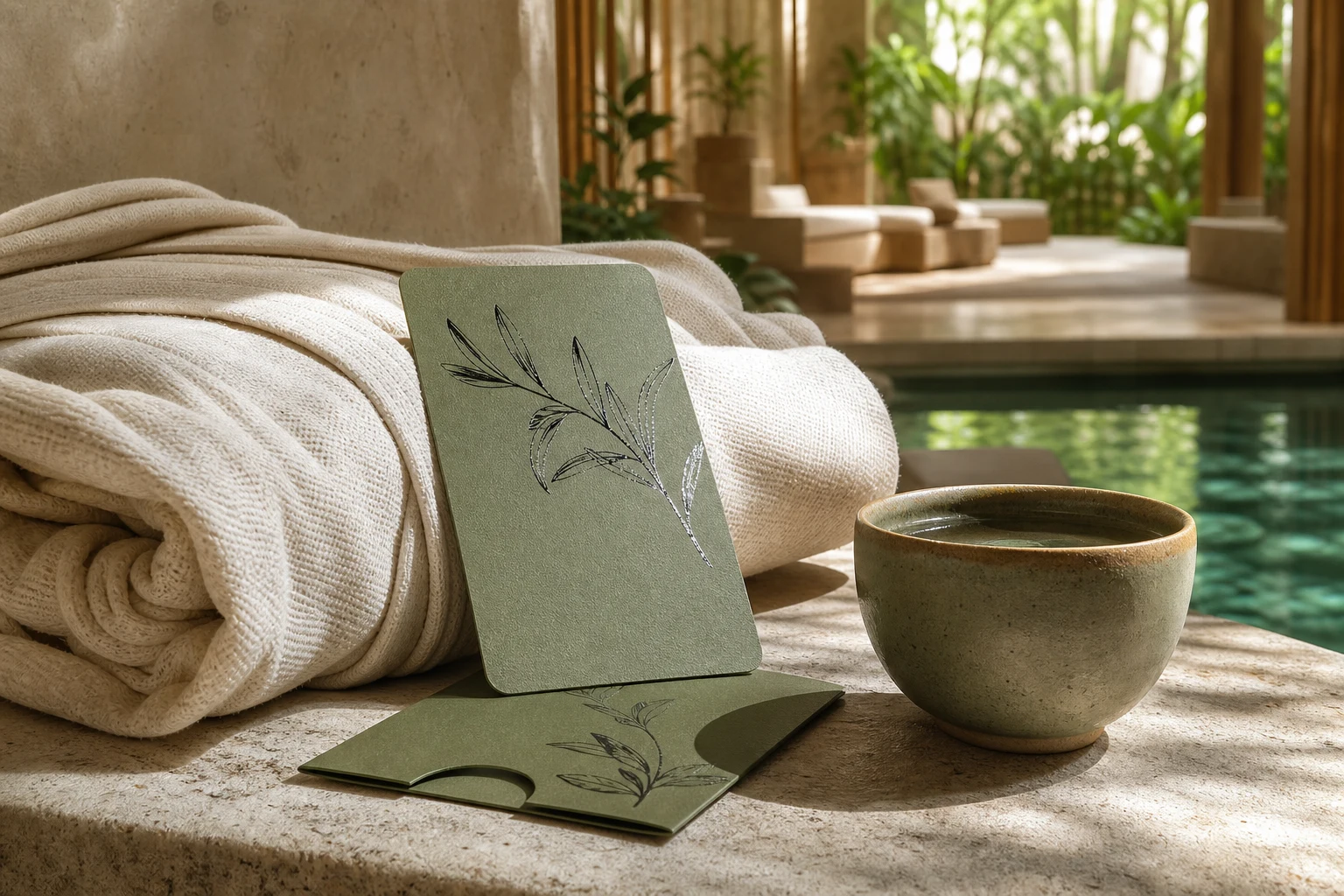 Olive paper hotel key card with botanical sketch by a spa pool