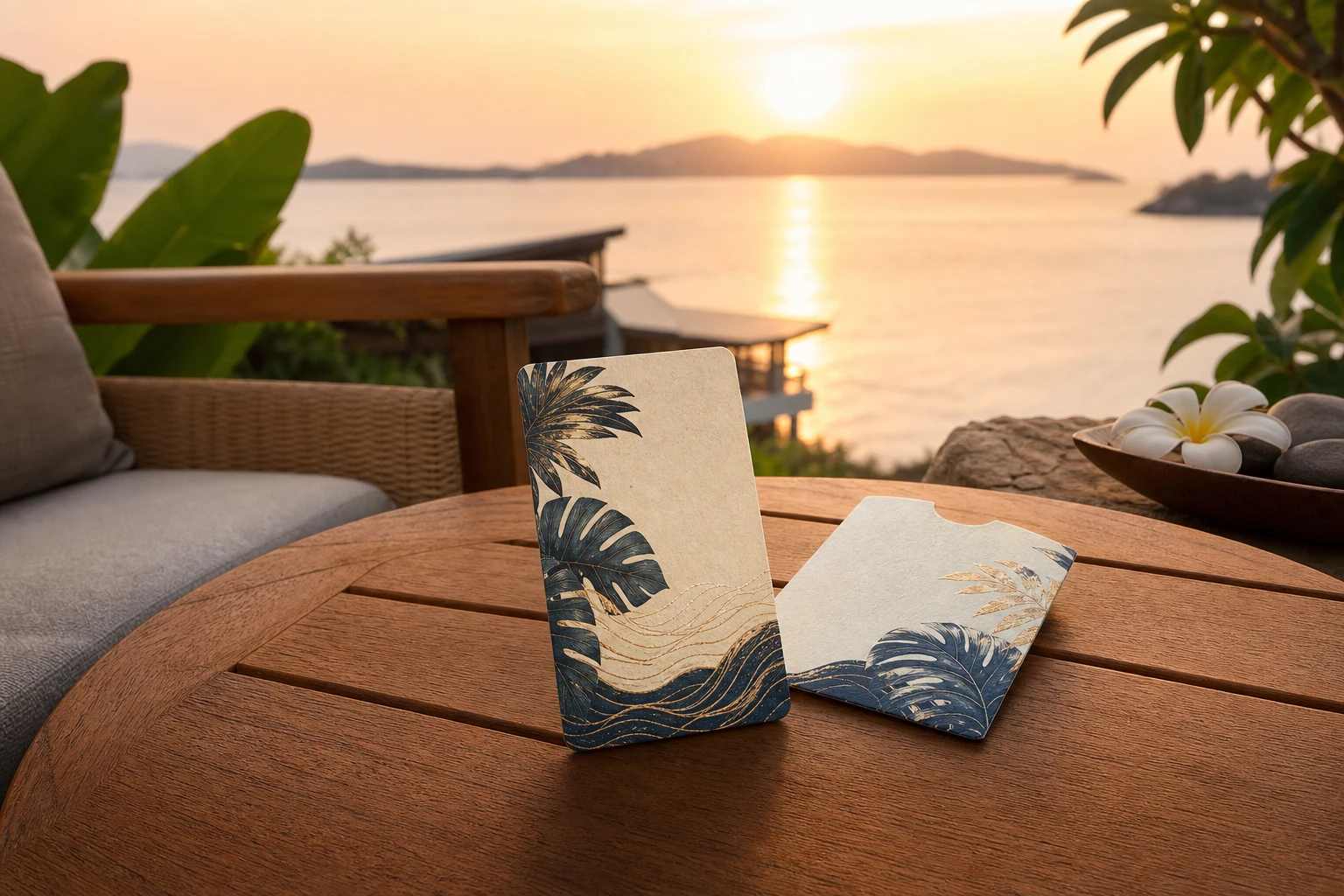 Cream paper hotel key card with blue and gold botanical waves at a sunset resort