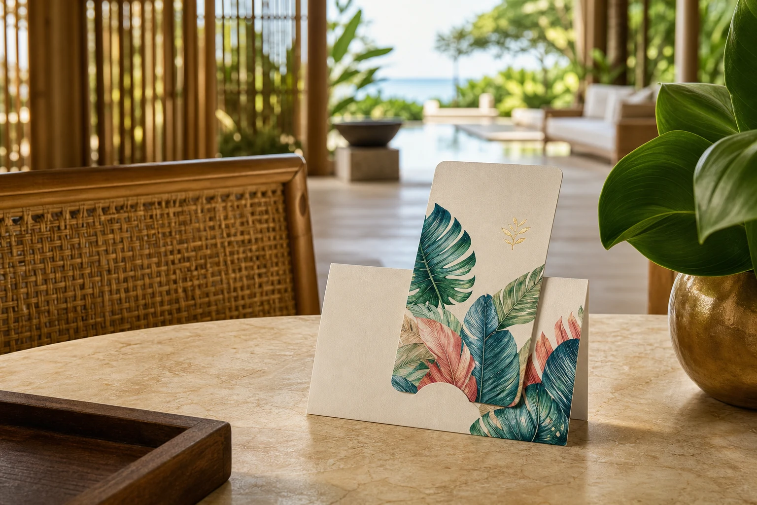 Tropical full-colour paper hotel key card and sleeve at an eco resort