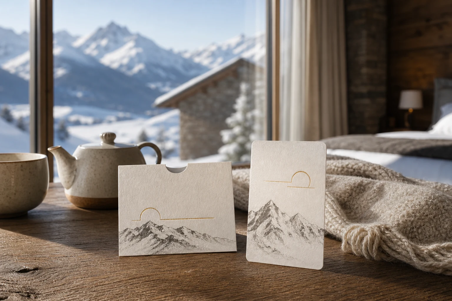 Paper hotel key card with mountain sketch in a winter chalet suite
